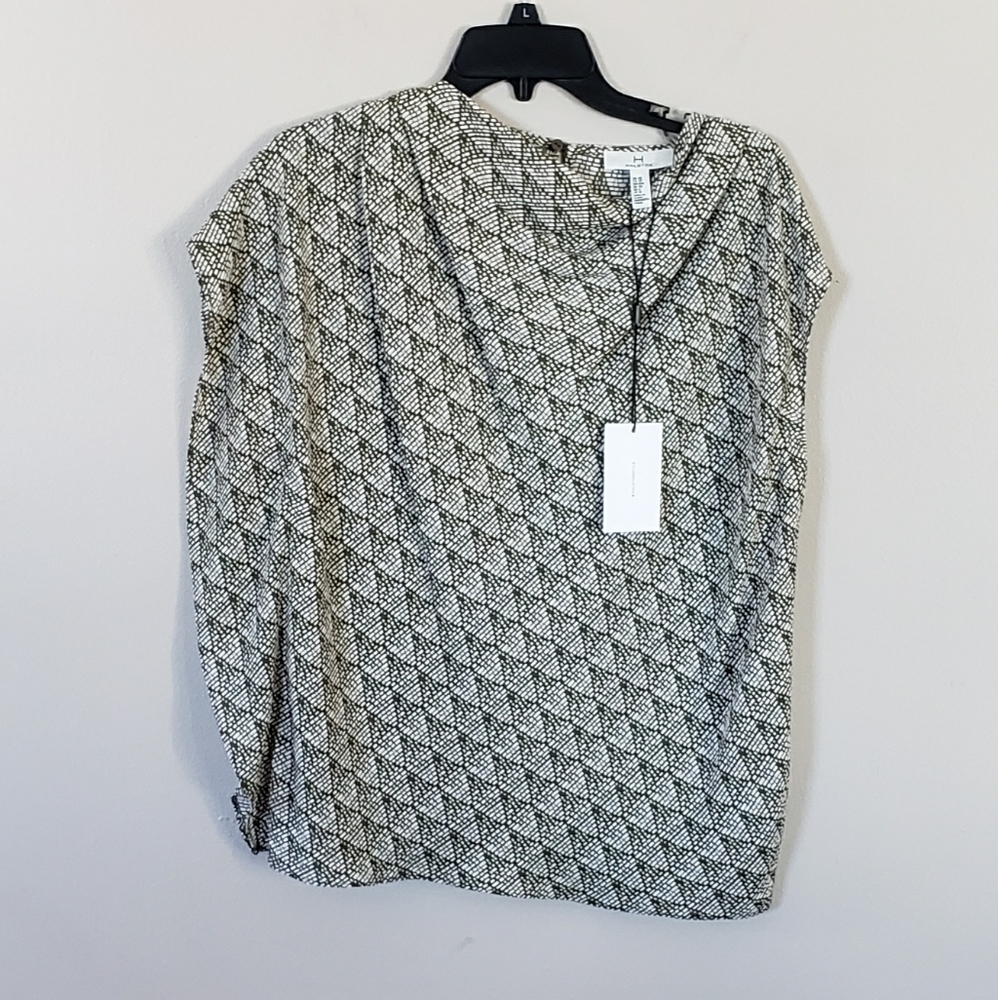 NWT H Halston Olive Green & Cream Asymmetrical Blouse Size XS
